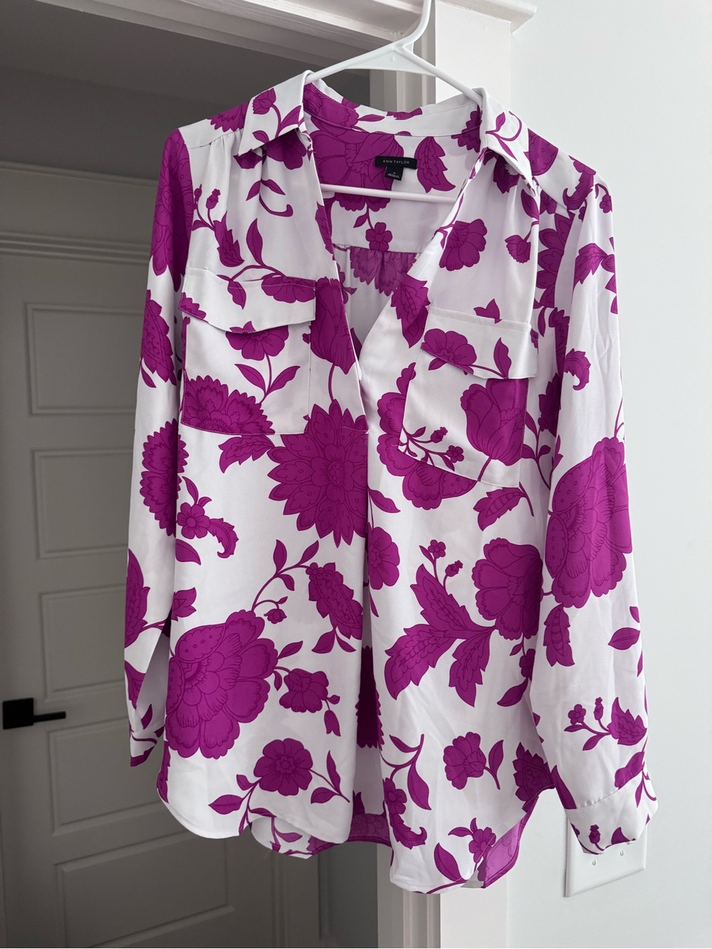 Ann Taylor White Blouse with Bold Fuchsia Floral Print